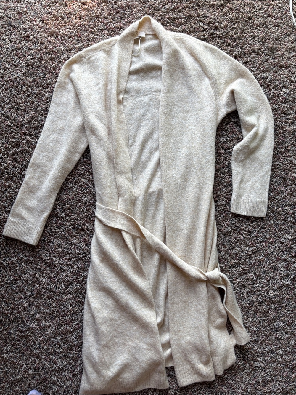 LOFT Light Beige Open-Front Belted Cardigan